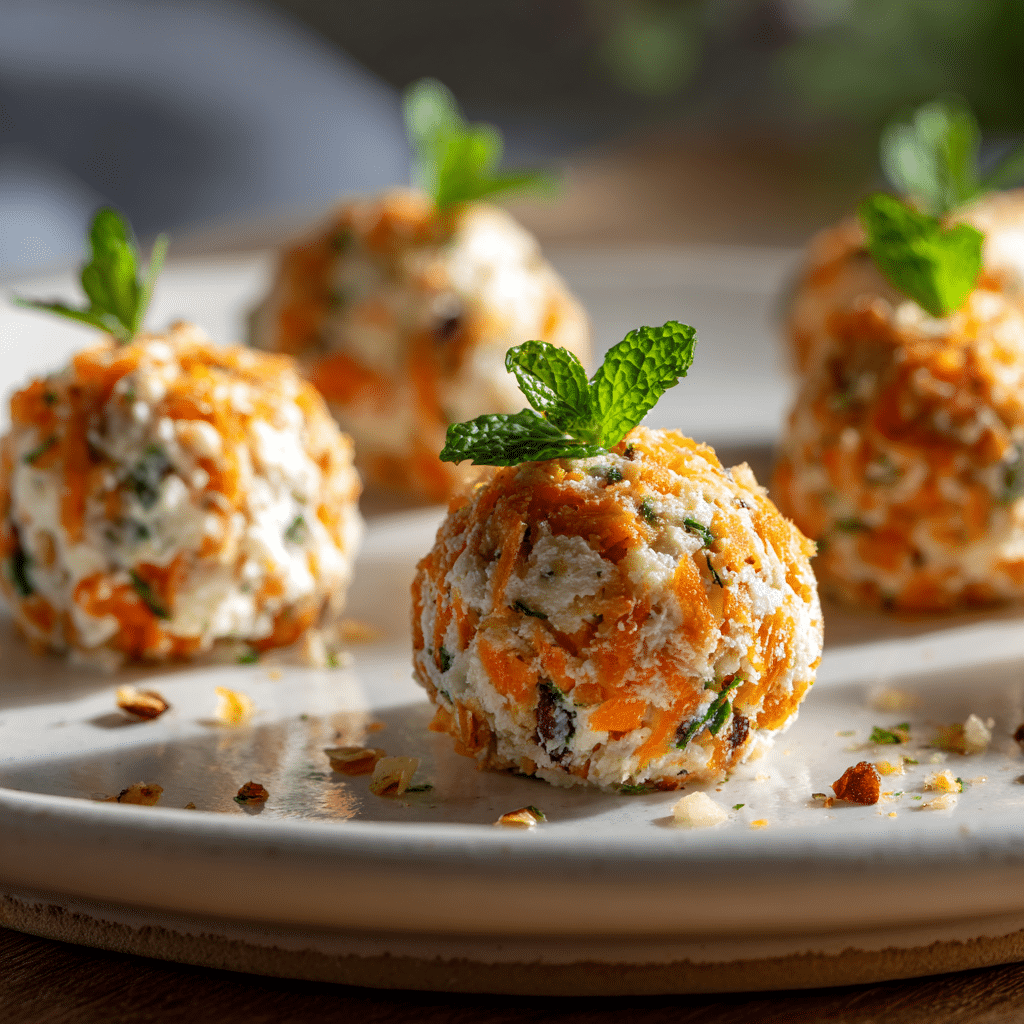 No-Bake Carrot Cake Bites displayed on a plate with raw ingredients around, styled for a healthy no-bake dessert blog