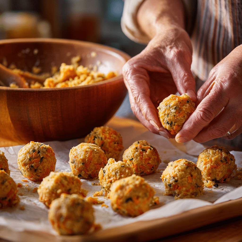 No-Bake Carrot Cake Bites: 7 Irresistible Reasons to Try This Healthy Treat 11 Hands rolling no-bake carrot cake bites on parchment paper with bowl of mixture in background.