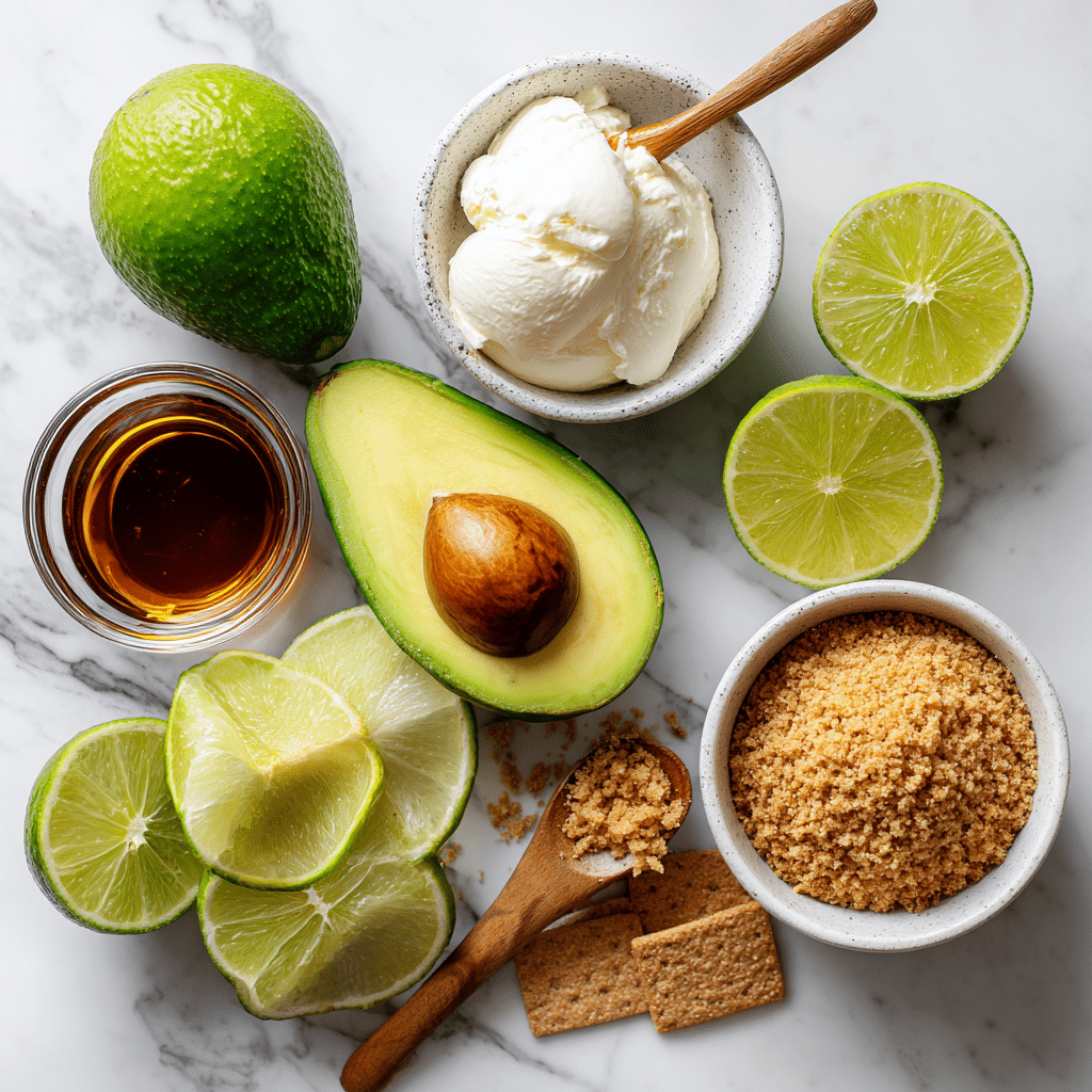 Healthy No-Bake Avocado Cheesecake | 5-Minute Creamy Treat 9 Ingredients for healthy no-bake avocado cheesecake on marble surface