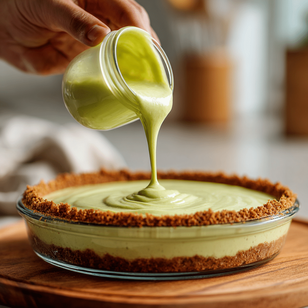 Healthy No-Bake Avocado Cheesecake | 5-Minute Creamy Treat 10 Pouring avocado filling into crust for healthy no-bake avocado cheesecake”