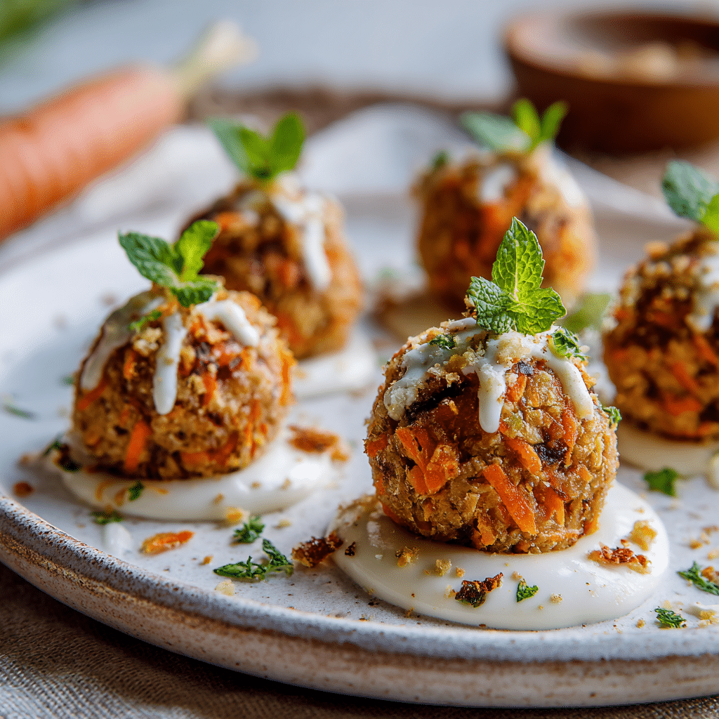 No-Bake Carrot Cake Bites: 7 Irresistible Reasons to Try This Healthy Treat 12 Finished no-bake carrot cake bites plated with garnish on a rustic surface.