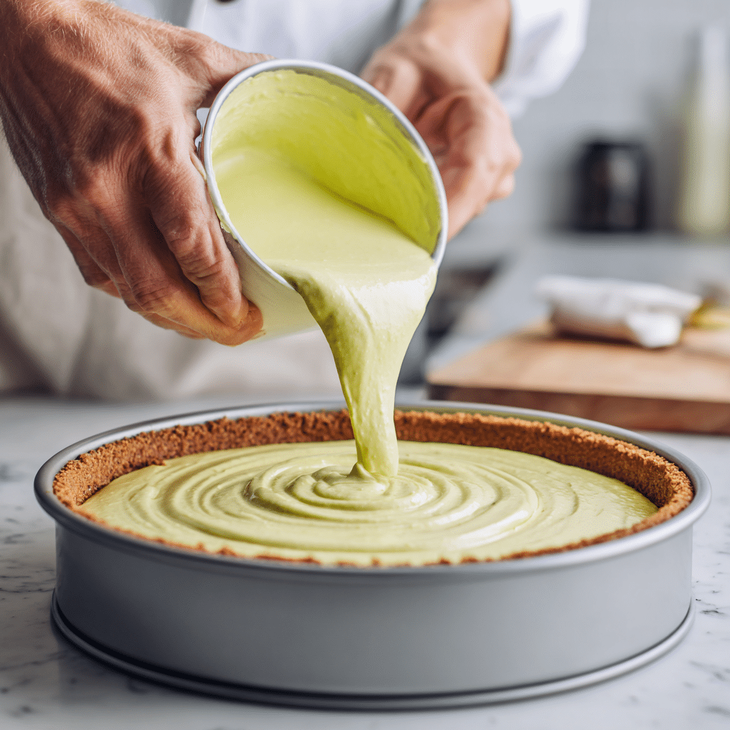 No-Bake Avocado Cheesecake: 7 Irresistible Steps to Bliss 8 Pouring avocado cheesecake filling into crust