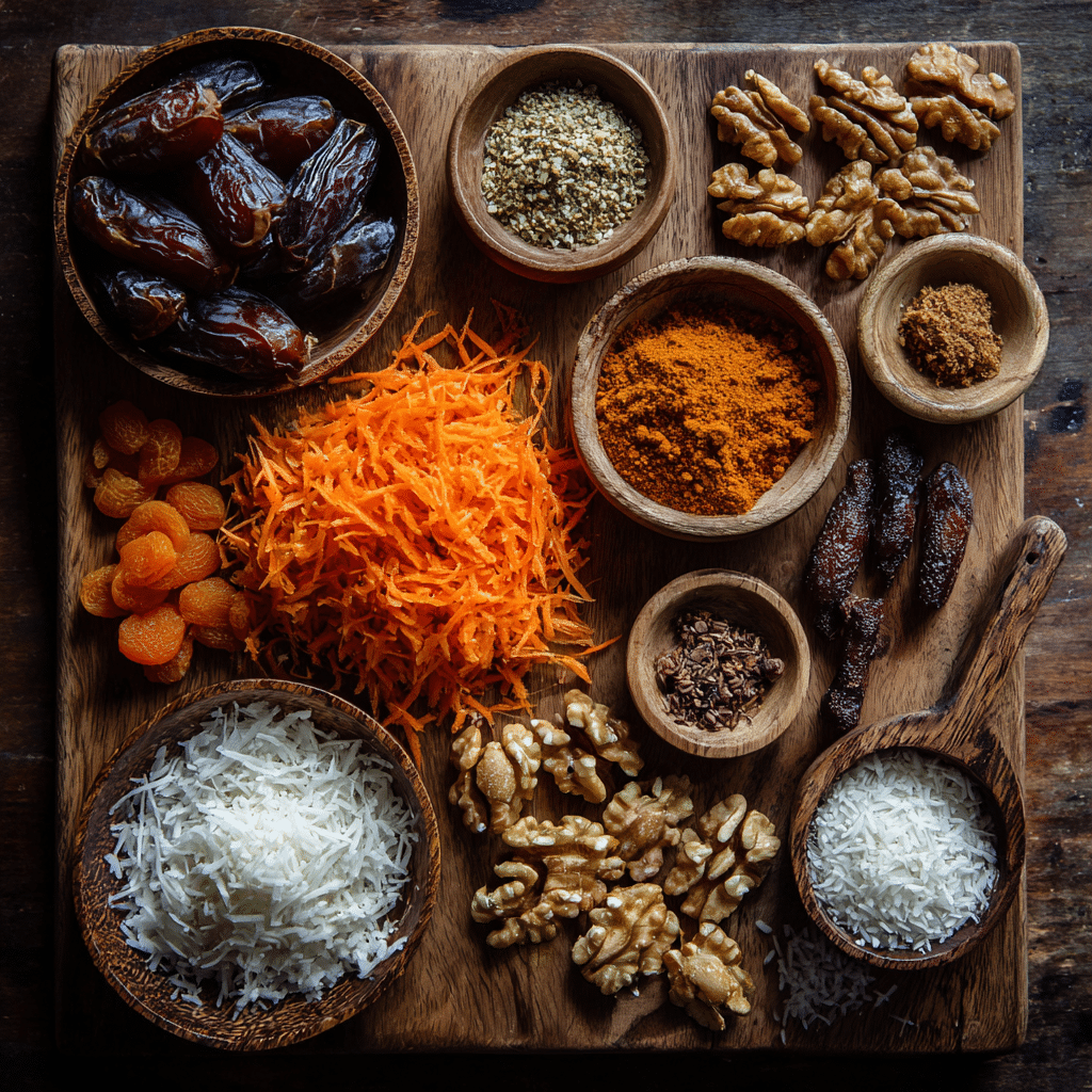 No-Bake Carrot Cake Bites: 7 Irresistible Reasons to Try This Healthy Treat 10 No-Bake Carrot Cake Bites ingredients including shredded carrots, dates, nuts, coconut, and spices