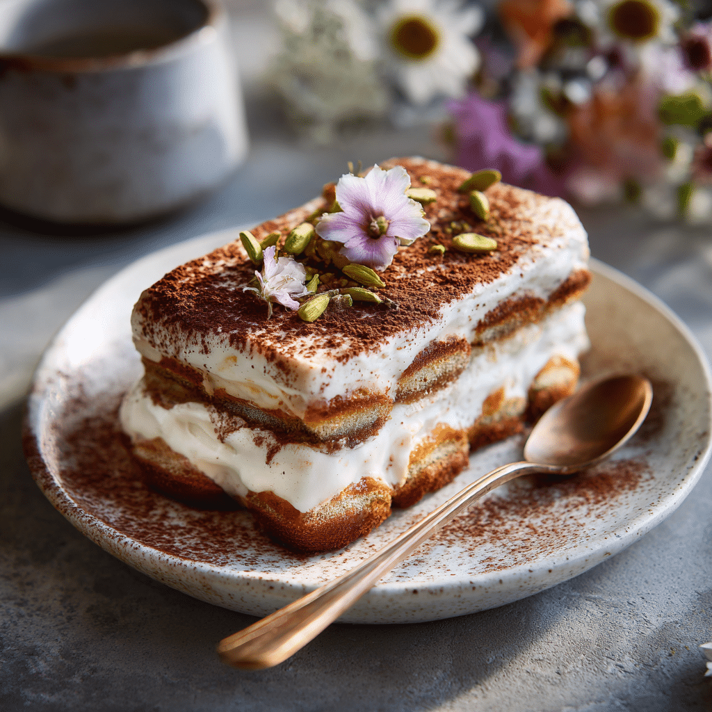 Karak Chai Tiramisu Recipe: 5-Star Fusion Delight 6 “Finished Karak Chai Tiramisu with cardamom and cocoa topping, beautifully plated for serving”