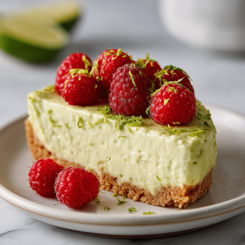 “Final slice of healthy no-bake avocado cheesecake topped with berries and lime zest”