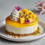 No Bake Mango Cheesecake garnished with whipped cream, mango, and passionfruit
