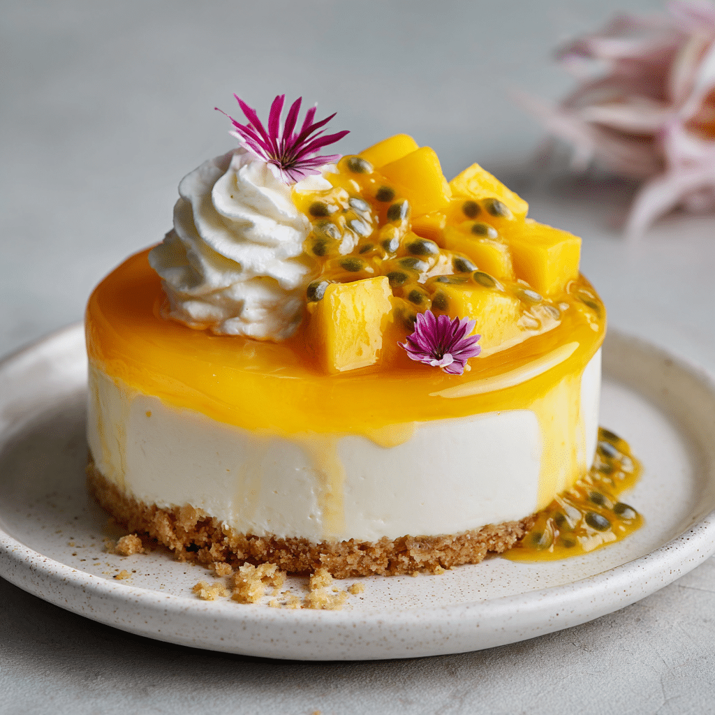 No Bake Mango Cheesecake: Irresistible Summer Dessert in Just 30 Minutes 8 No Bake Mango Cheesecake garnished with whipped cream, mango, and passionfruit