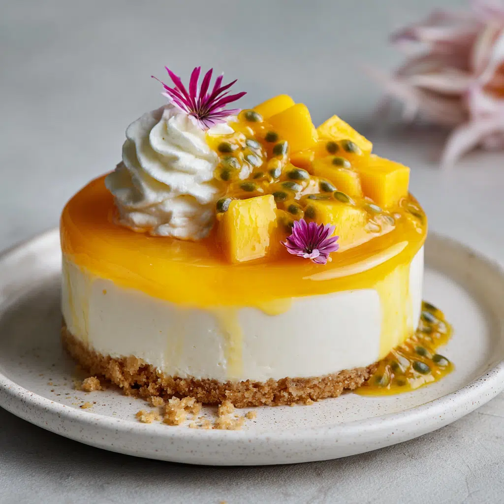 No Bake Mango Cheesecake garnished with whipped cream, mango, and passionfruit