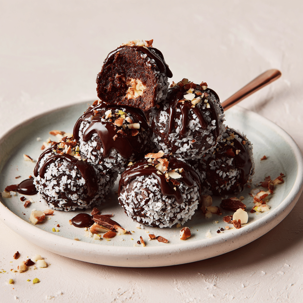 No-Bake Brownie Balls: 9-Minute Recipe for Guilt-Free Bliss 8 Finished no-bake brownie balls with a bite revealing the fudgy center and crisp chocolate coating.