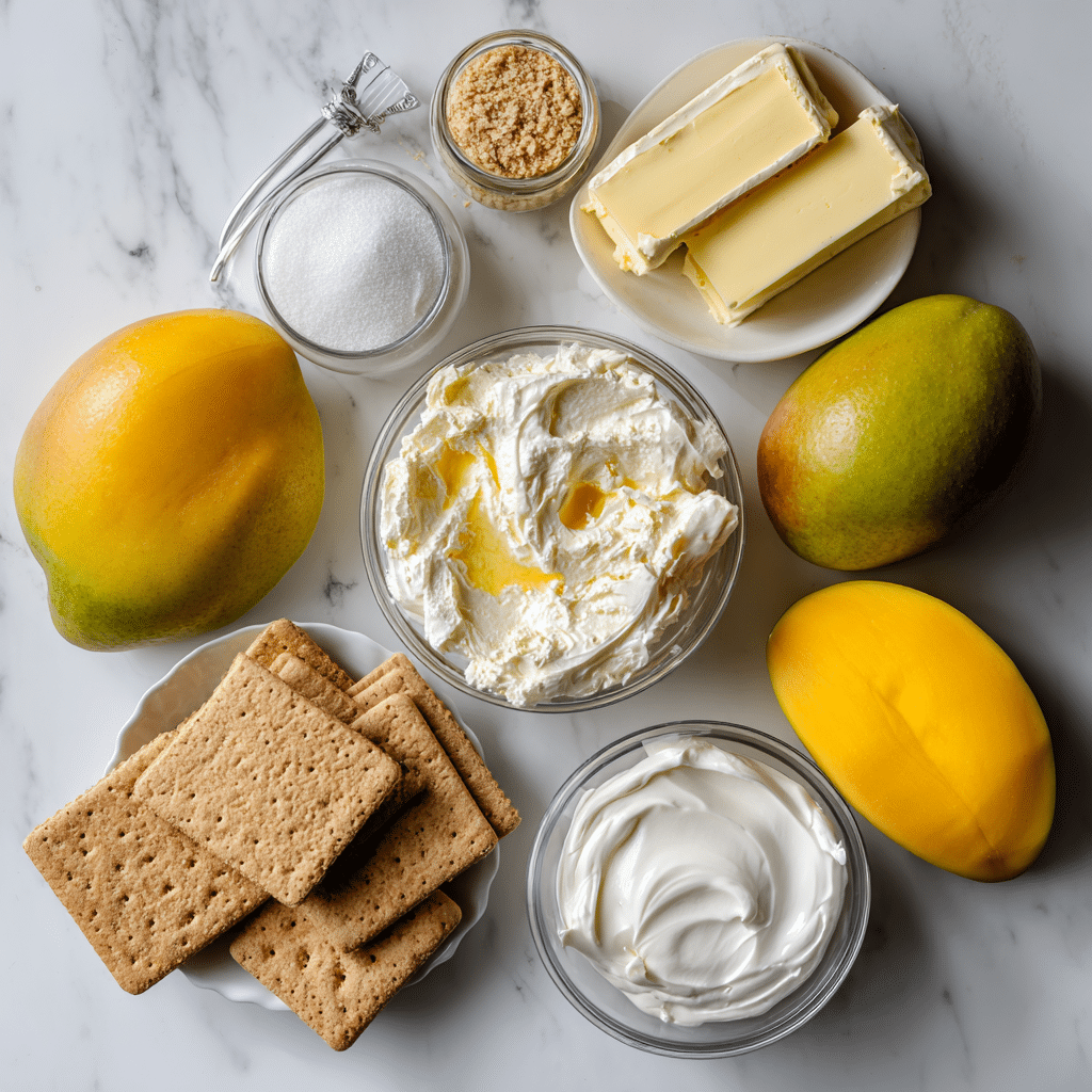 No Bake Mango Cheesecake: Irresistible Summer Dessert in Just 30 Minutes 10 No Bake Mango Cheesecake ingredients laid out on a kitchen counter