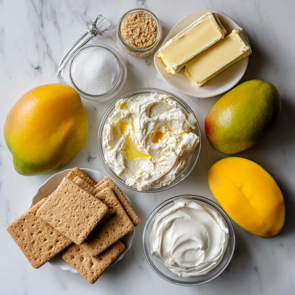 No Bake Mango Cheesecake ingredients laid out on a kitchen counter