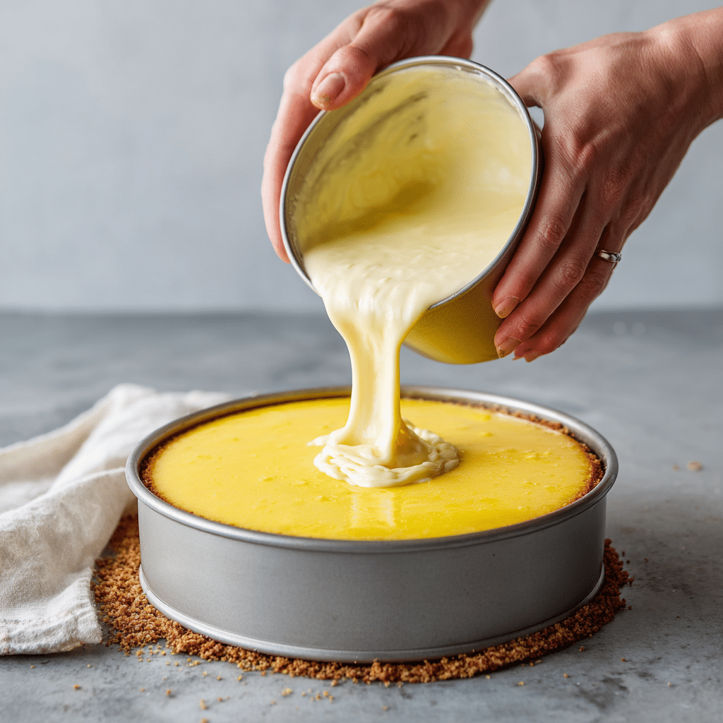 No Bake Mango Cheesecake: Irresistible Summer Dessert in Just 30 Minutes 11 Creamy mango cheesecake filling being poured into a springform pan
