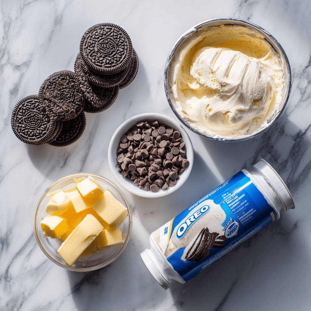 No‑Bake Oreo Ice Cream Dessert: 7-Minute Irresistible Delight 10 No-Bake Oreo Ice Cream Dessert ingredients arranged on a marble counter