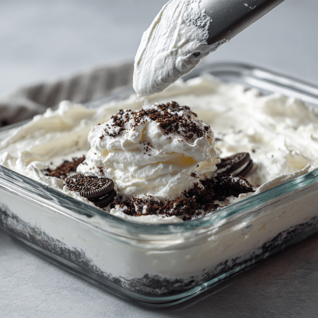 No‑Bake Oreo Ice Cream Dessert: 7-Minute Irresistible Delight 11 Layering whipped topping on no-bake Oreo ice cream dessert in dish