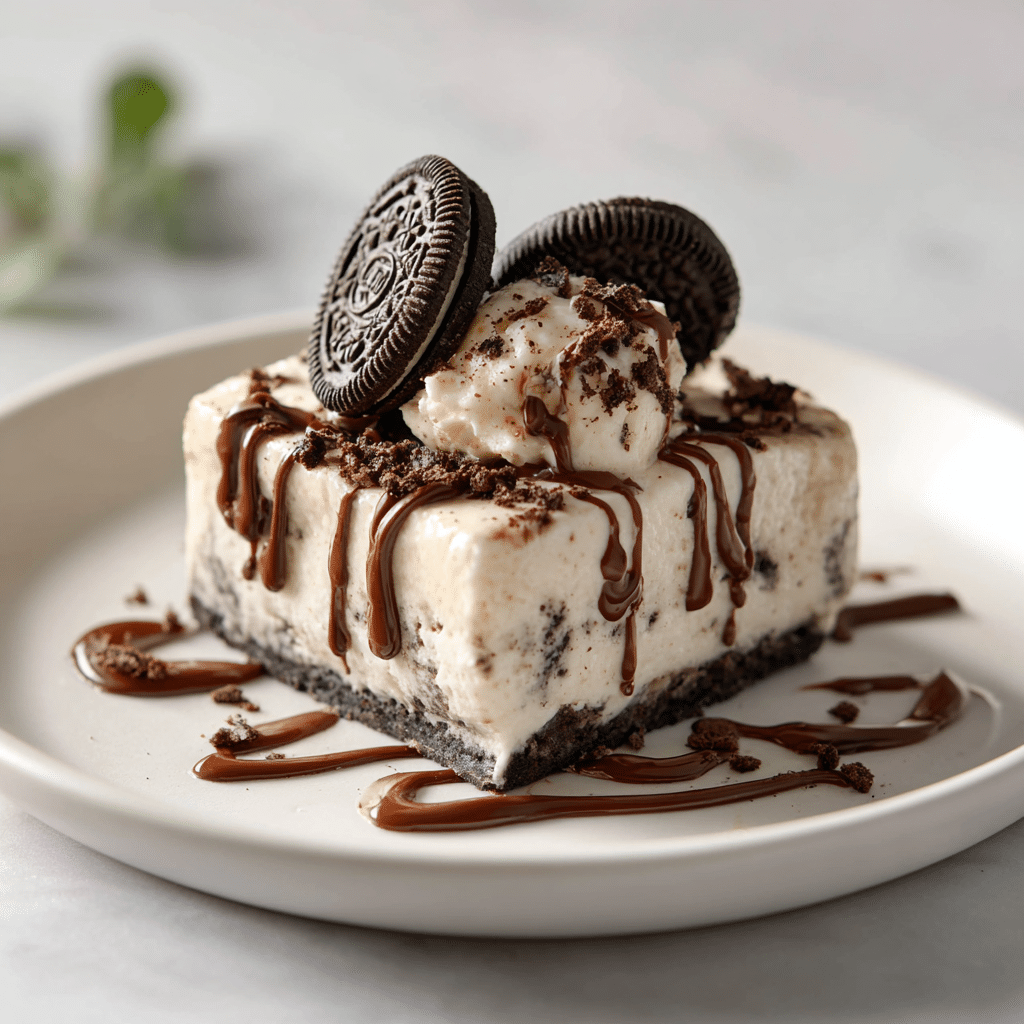 No-Bake Oreo Ice Cream Dessert slice served with chocolate drizzle and mini Oreo on a white plate