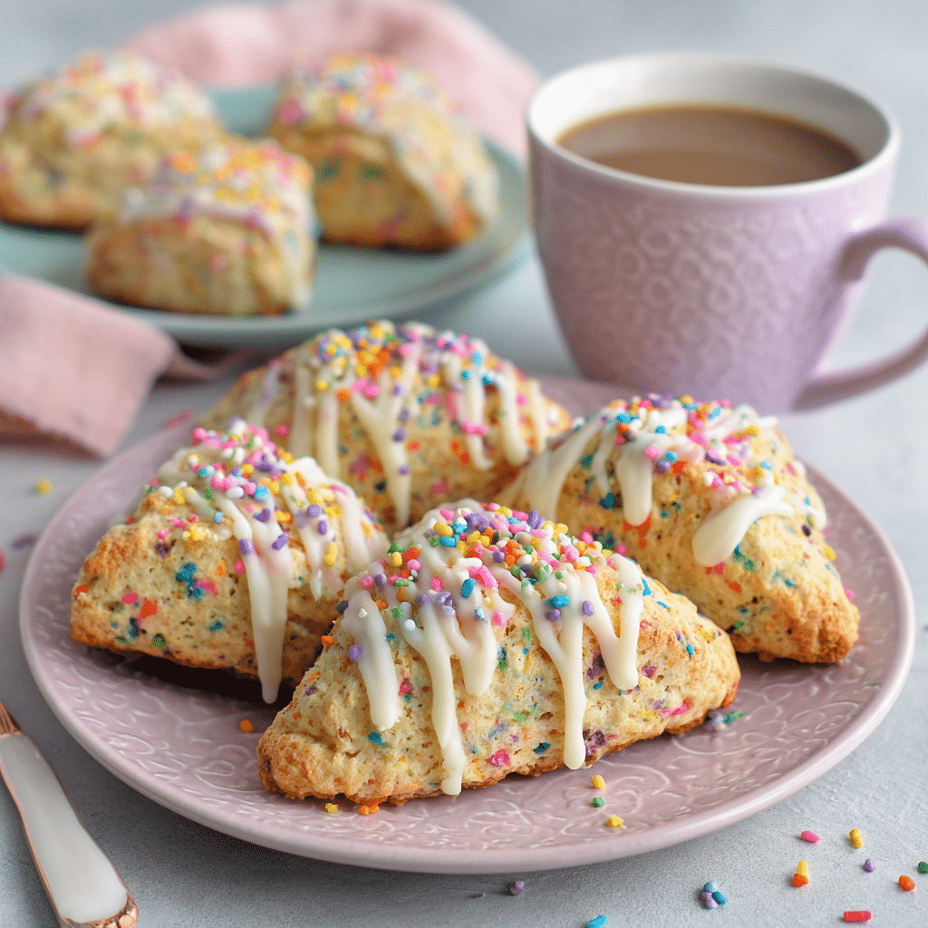 Baked rainbow sprinkle scones with icing on a styled brunch table.