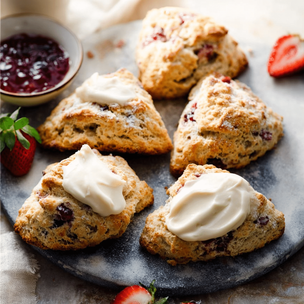 Plate of freshly baked golden scones served with clotted cream and strawberry jam, rustic afternoon tea setting, warm natural light.