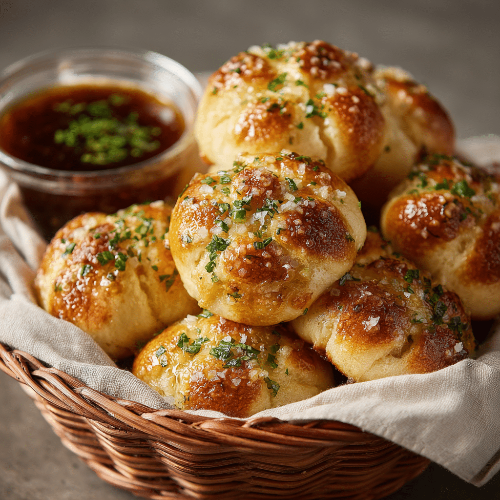 Freshly baked homemade garlic knots served warm in a basket with marinara sauce.