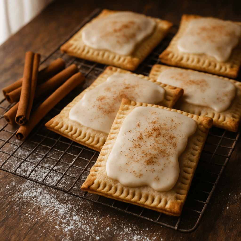 Freshly baked homemade frosted brown sugar cinnamon pop tarts on a cooling rack.