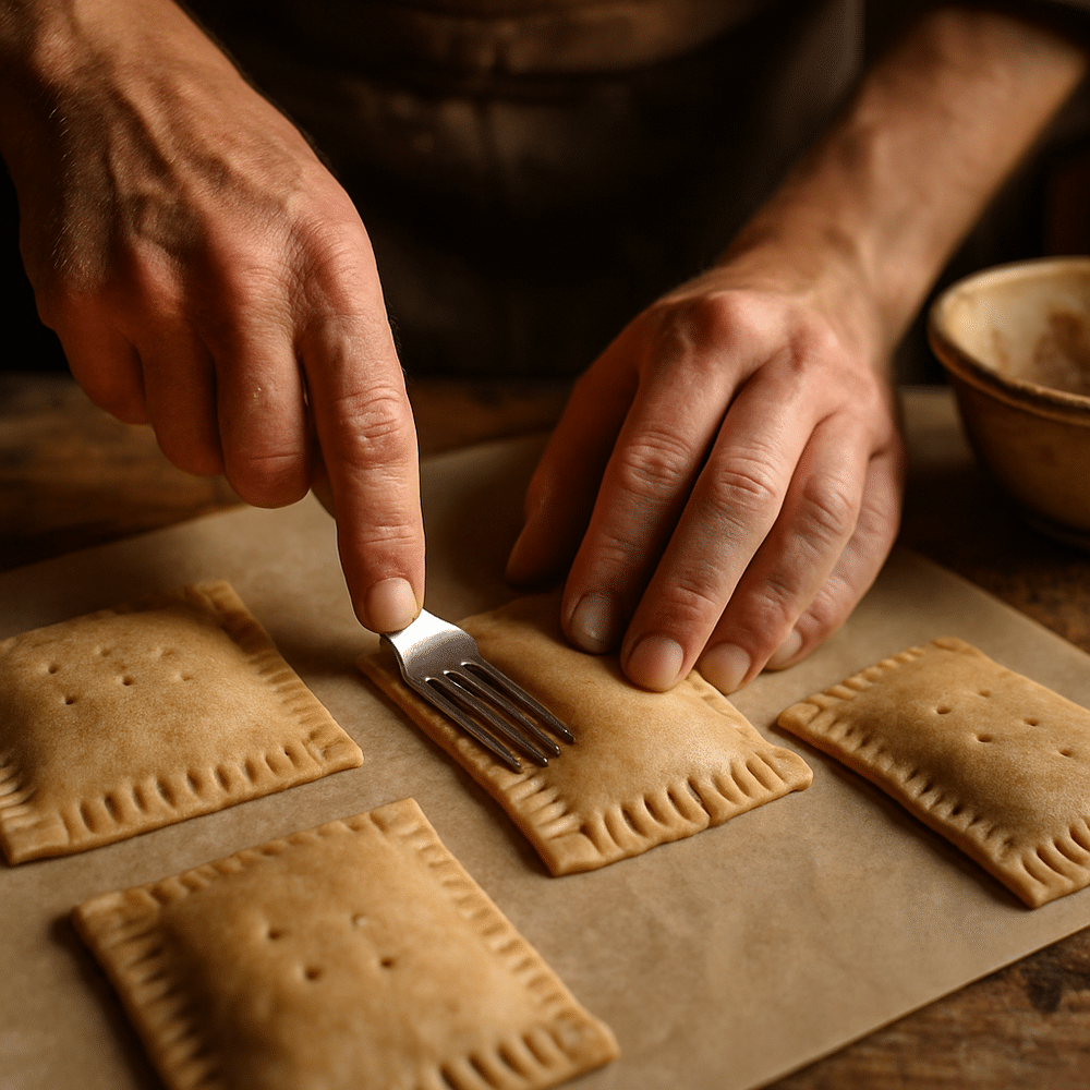Homemade Frosted Brown Sugar Cinnamon Pop Tarts – 7 Easy Steps to Flaky Perfection 10 Sealing homemade frosted brown sugar cinnamon pop tarts with a fork before baking.