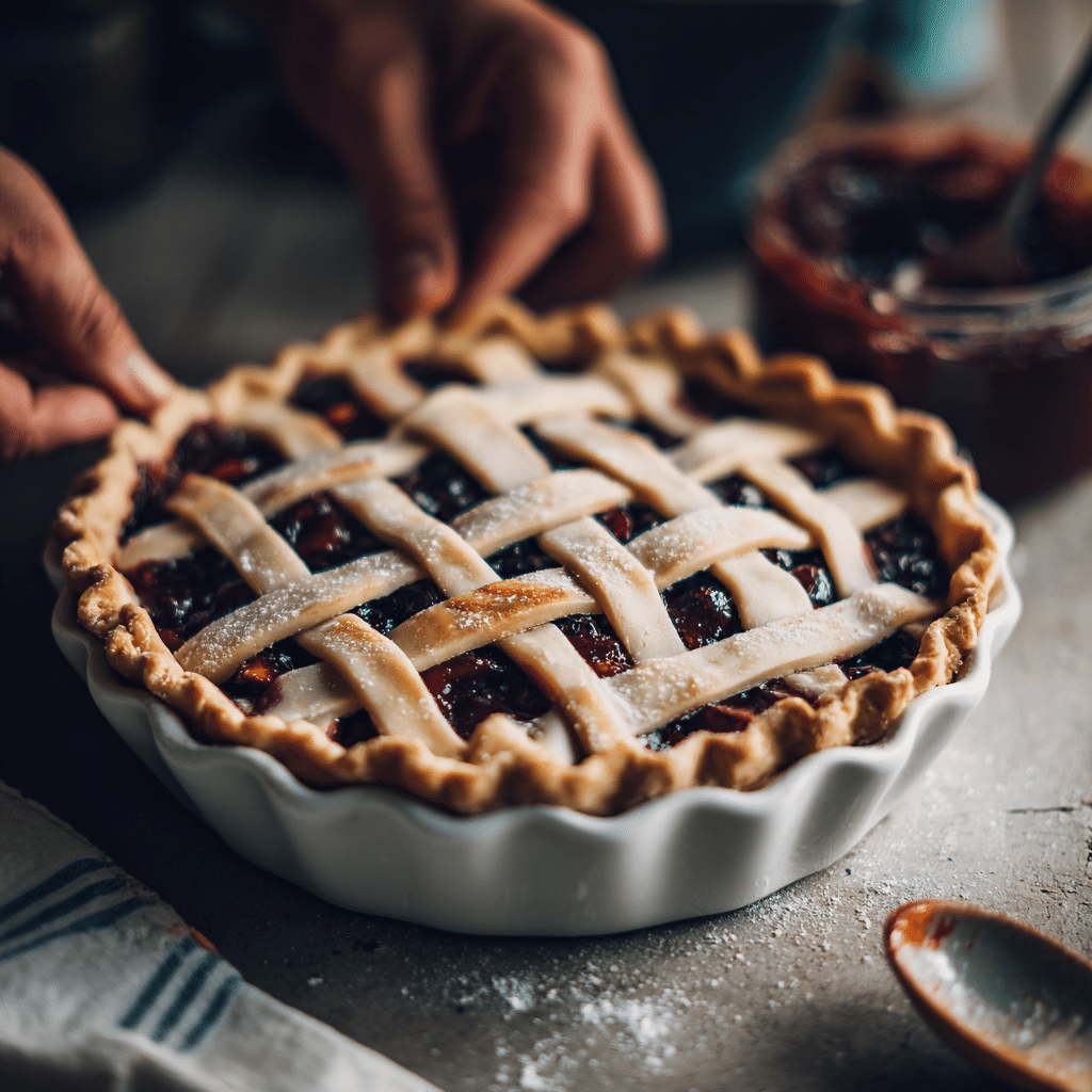 Blueberry Peach Pie: 7 Juicy Tips for Summer Success 7 “Baker weaving lattice crust over blueberry peach pie filling in white pie dish”