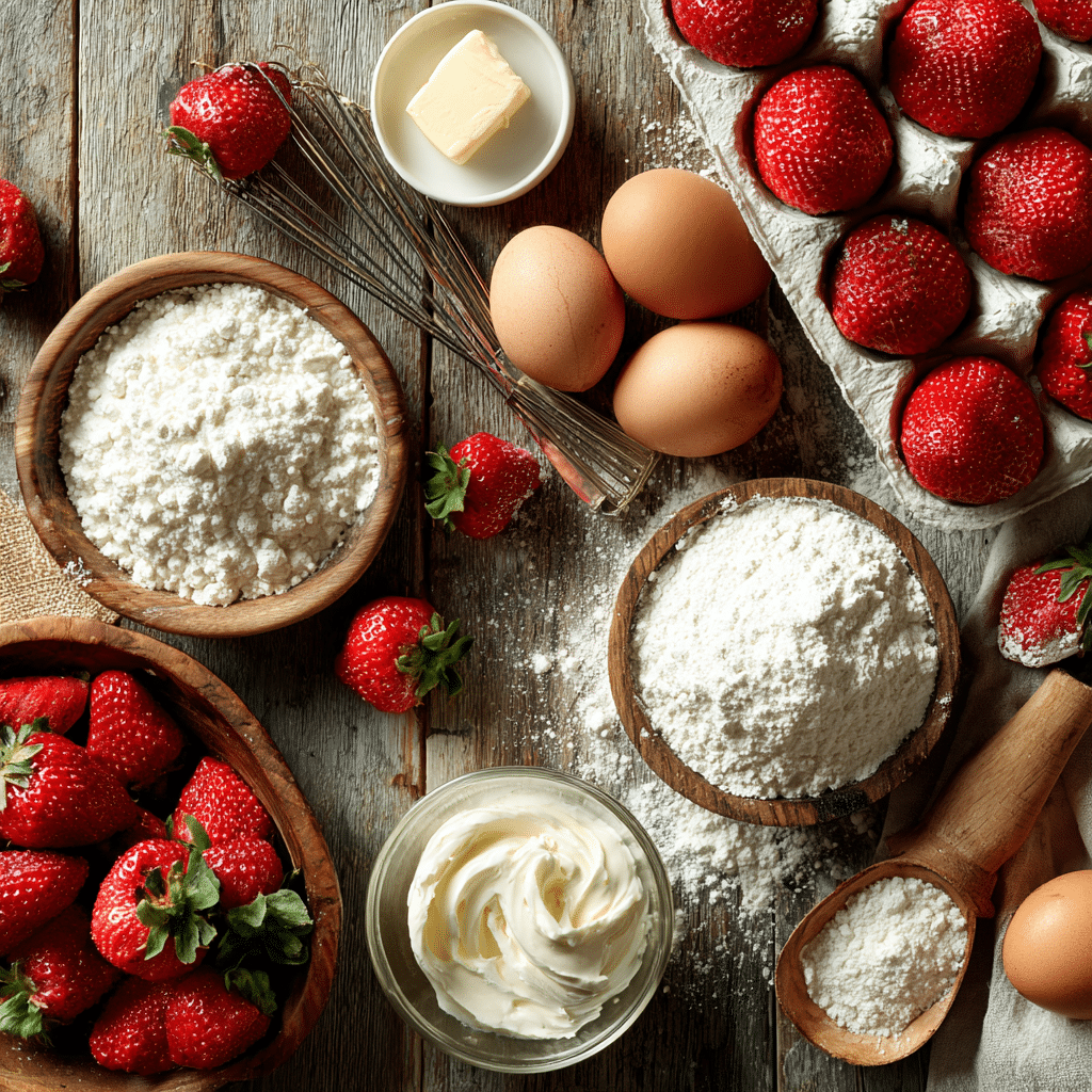 Strawberry Cupcakes with Strawberry Buttercream: 5 Irresistible Summer Bites 6 Ingredients for Strawberry Cupcakes with Strawberry Buttercream arranged on a kitchen counter