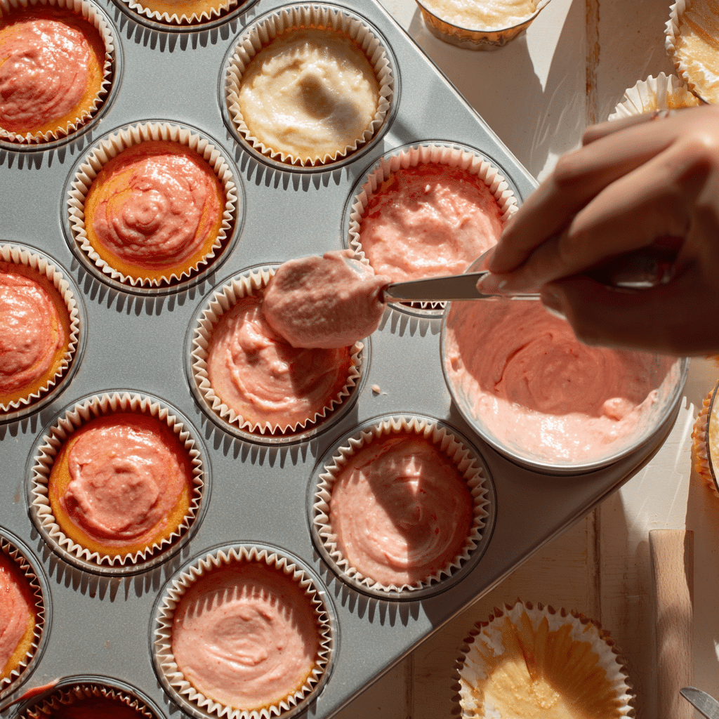 Strawberry Cupcakes with Strawberry Buttercream: 5 Irresistible Summer Bites 7 Strawberry cupcake batter being spooned into muffin liners before baking