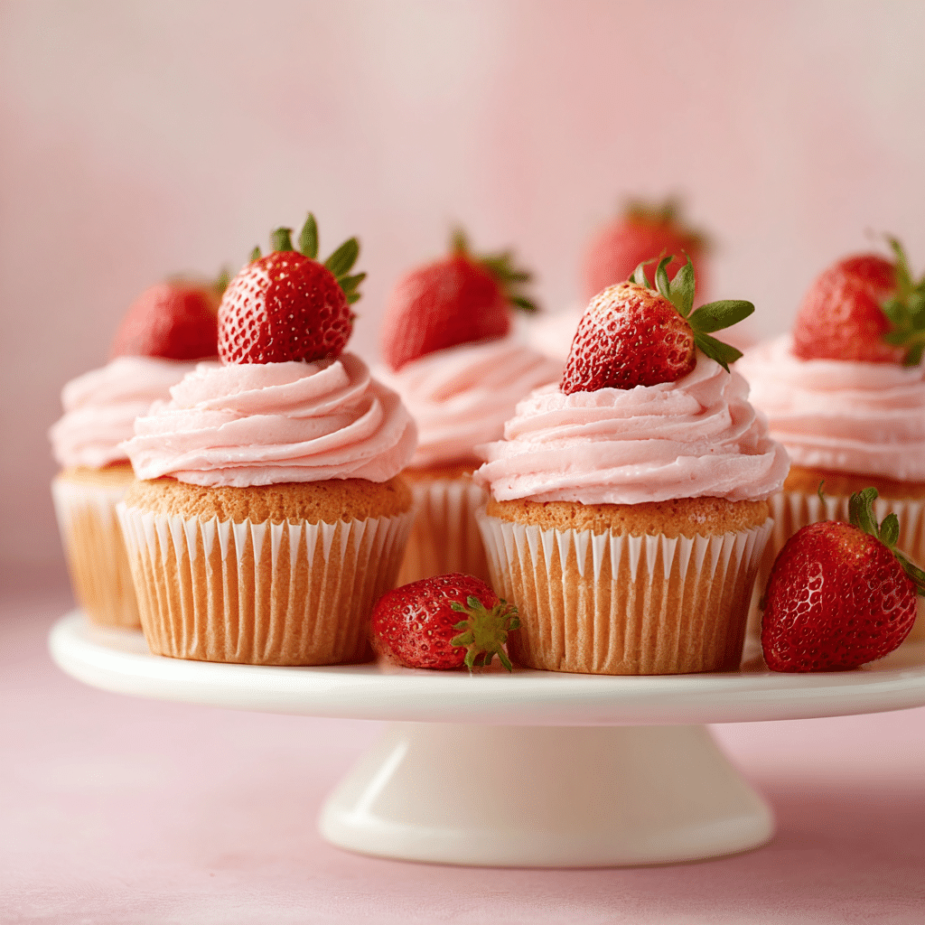 Strawberry Cupcakes with Strawberry Buttercream: 5 Irresistible Summer Bites 8 Strawberry Cupcakes with Strawberry Buttercream topped with fresh strawberries on a cake stand