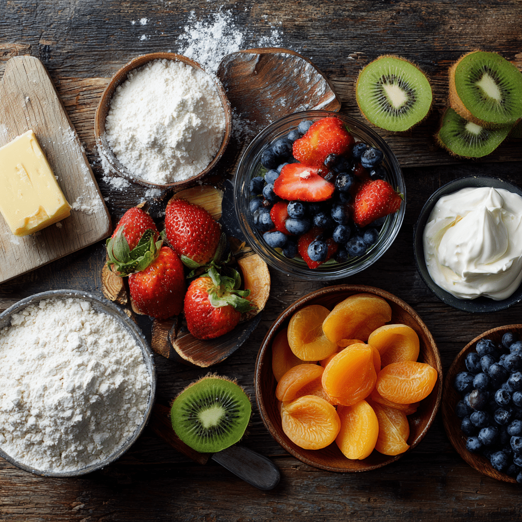 Fresh Fruit Tart with Vanilla Mascarpone Cream – 7 Irresistible Tips 6 "Ingredients for Fresh Fruit Tart with Vanilla Mascarpone Cream arranged on a rustic table"