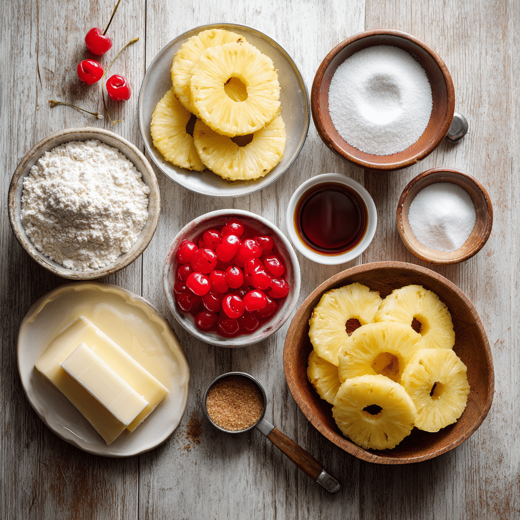 Pineapple Upside Cake Recipe – 9 Steps to a Perfect Flip 6 Ingredients for pineapple upside cake laid out on a kitchen counter”