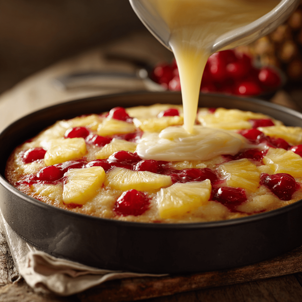 Pineapple Upside Cake Recipe – 9 Steps to a Perfect Flip 7 Cake batter being poured over pineapple and cherry topping in pan