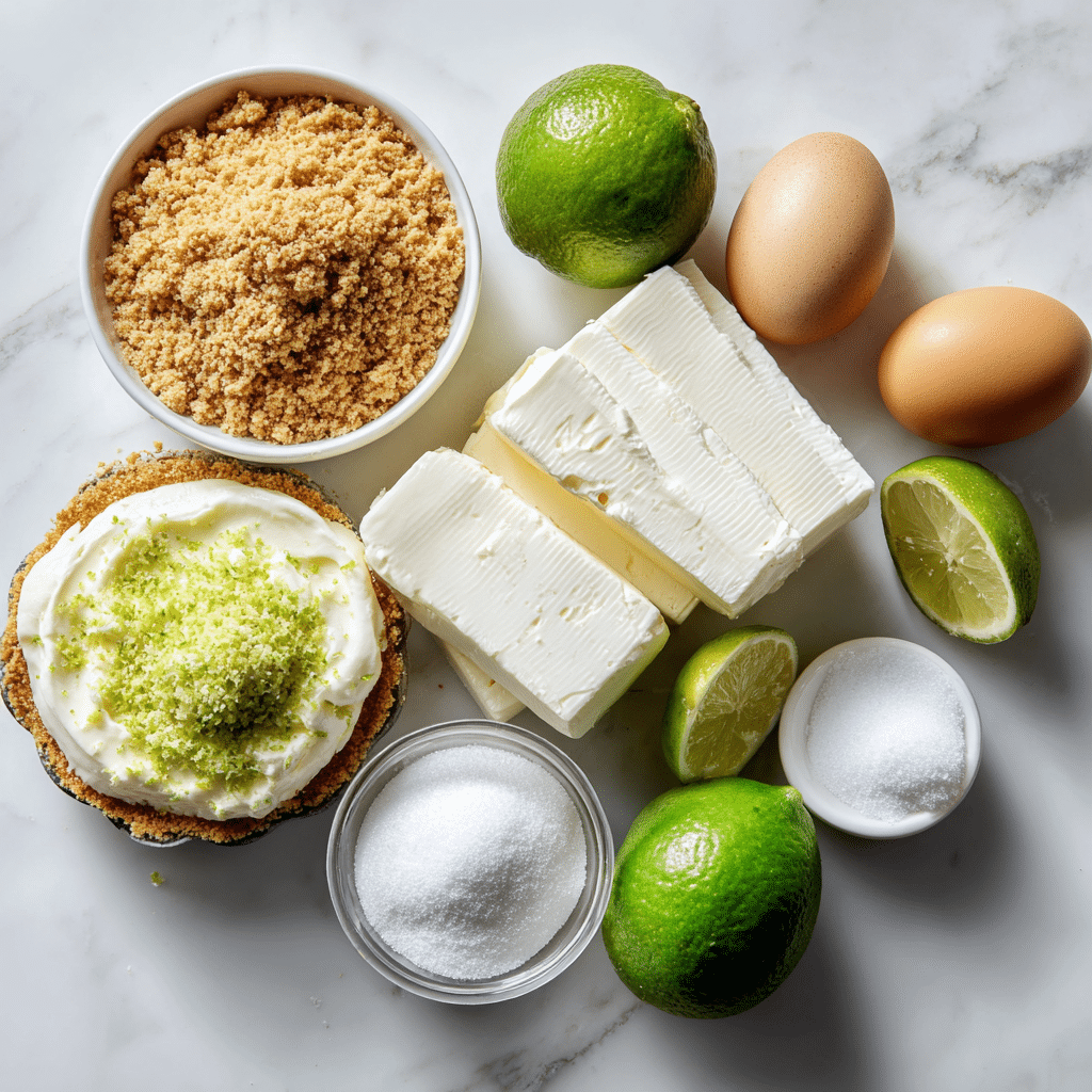 Key Lime Cheesecake Recipe: 7 Easy Steps to Tropical Bliss 6 Key Lime Cheesecake ingredients arranged on a white marble countertop.