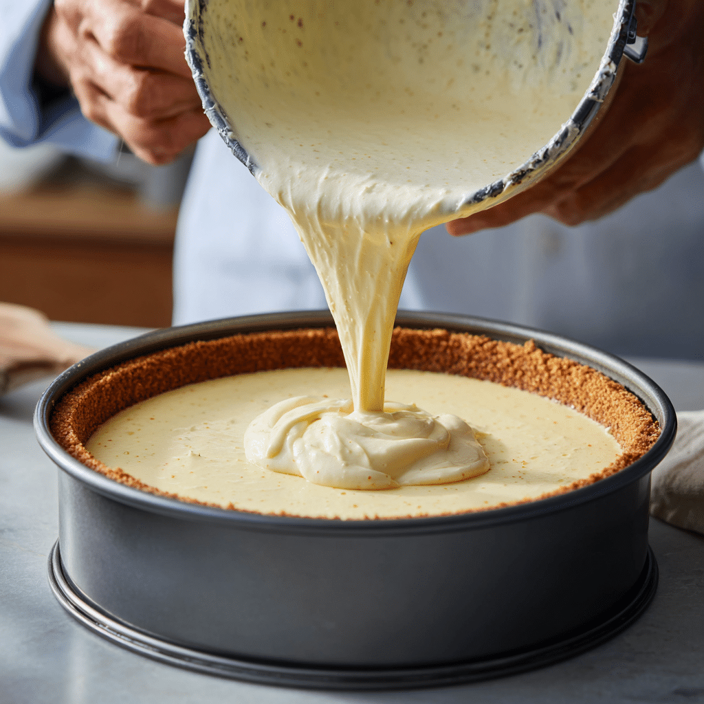 Key Lime Cheesecake Recipe: 7 Easy Steps to Tropical Bliss 7 Pouring Key Lime Cheesecake batter into a crust-filled springform pan.