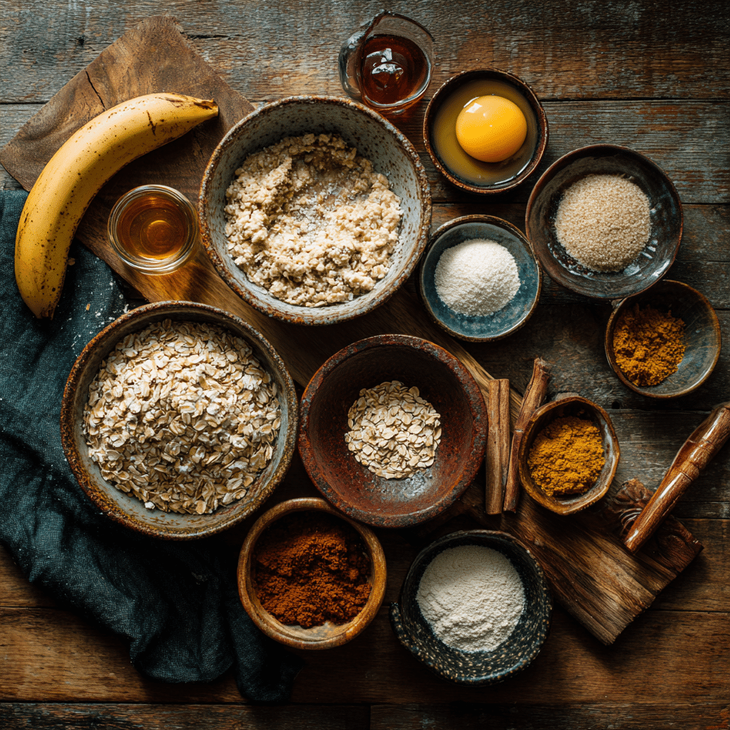 Banana Baked Oatmeal: 7 Reasons This Healthy Breakfast Wins 6 Banana baked oatmeal ingredients displayed flat lay style with ripe bananas, oats, and maple syrup