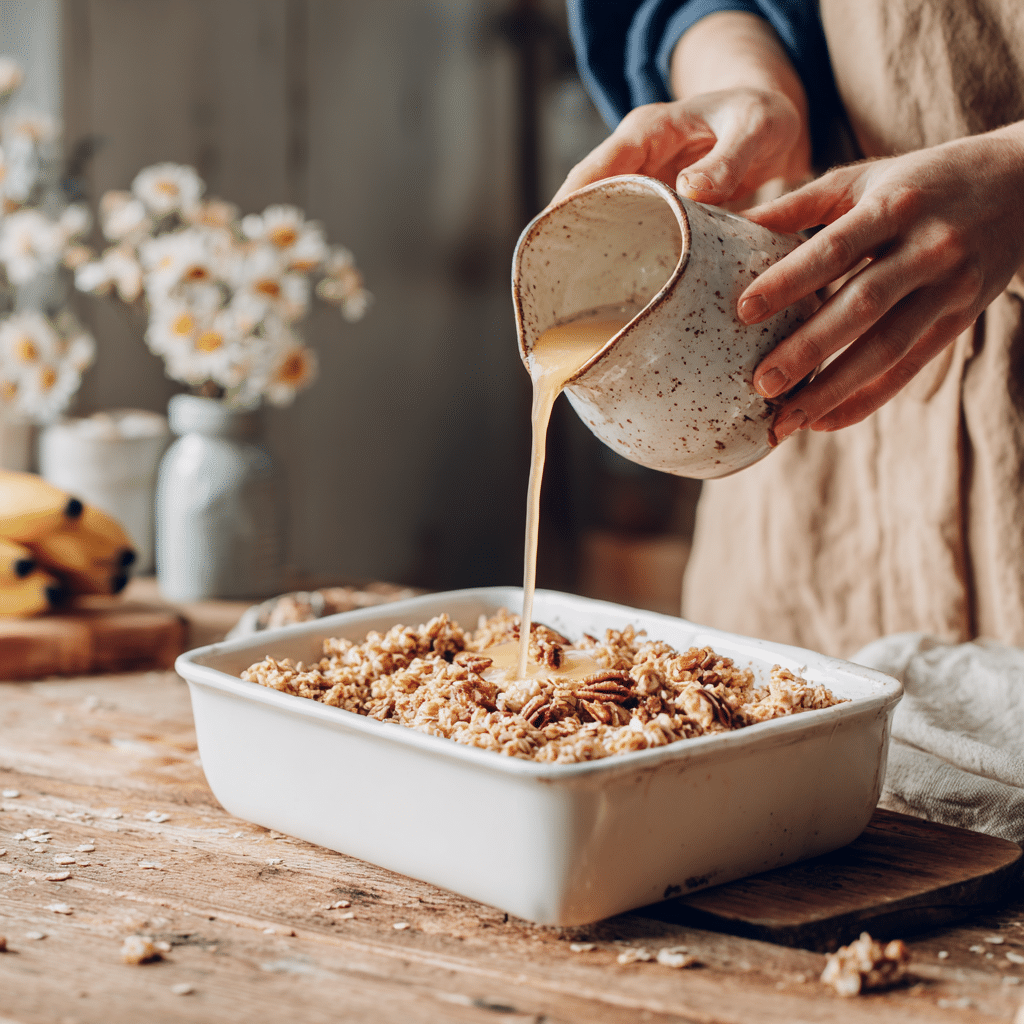 Banana Baked Oatmeal: 7 Reasons This Healthy Breakfast Wins 7 Pouring banana baked oatmeal batter into a white casserole dish for baking