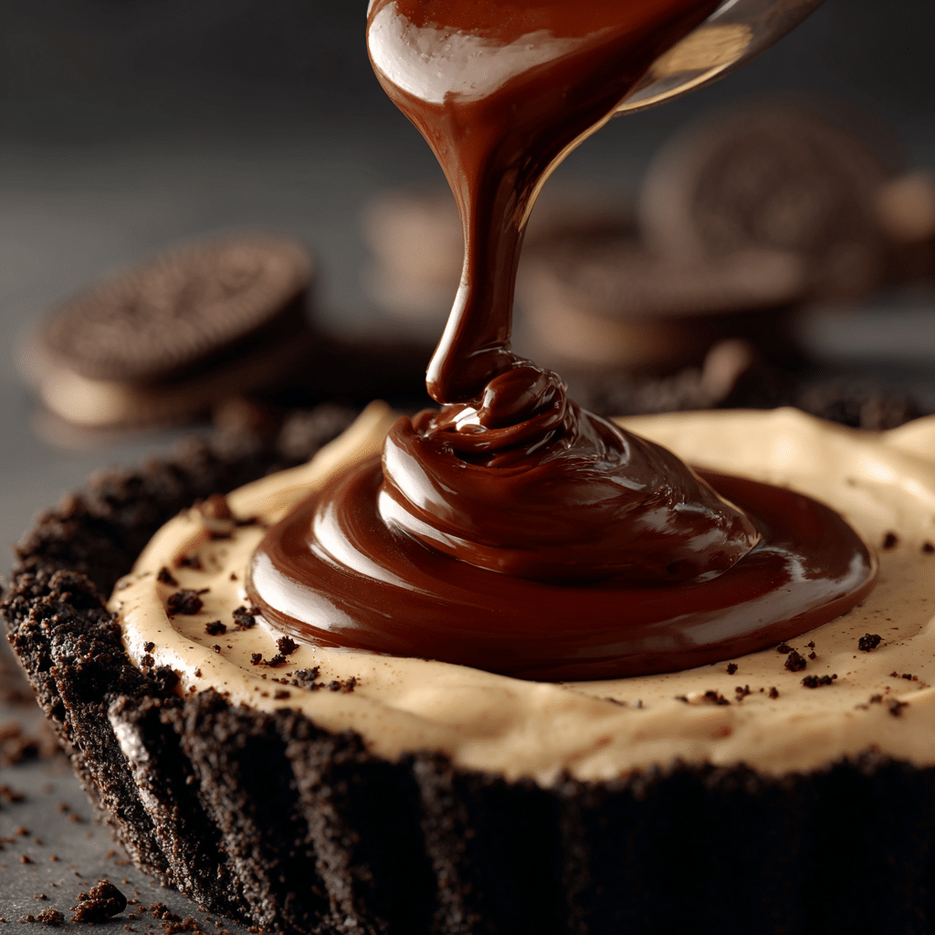 Unbelievable Peanut Butter Pie – 7 Secrets for Dessert Perfection 8 Pouring chocolate ganache over peanut butter pie filling in Oreo crust