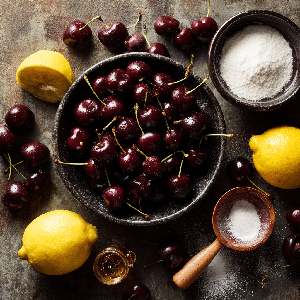 Cherry Pie Recipe: 7 Secrets to a Flaky, Juicy Slice 6 Cherry pie ingredients laid out: fresh cherries, sugar, cornstarch, lemon, extracts