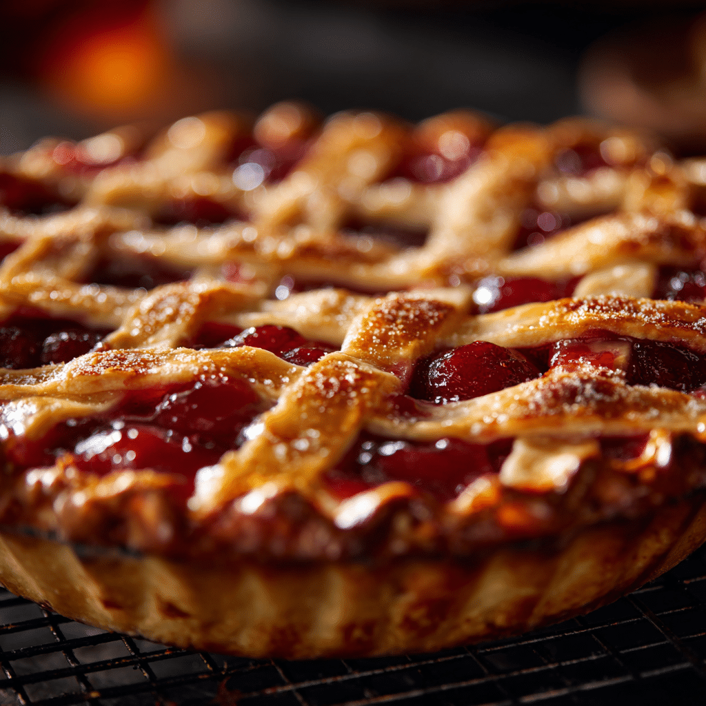 Cherry Pie Recipe: 7 Secrets to a Flaky, Juicy Slice 7 Cherry pie baking in oven with lattice crust and bubbling filling.