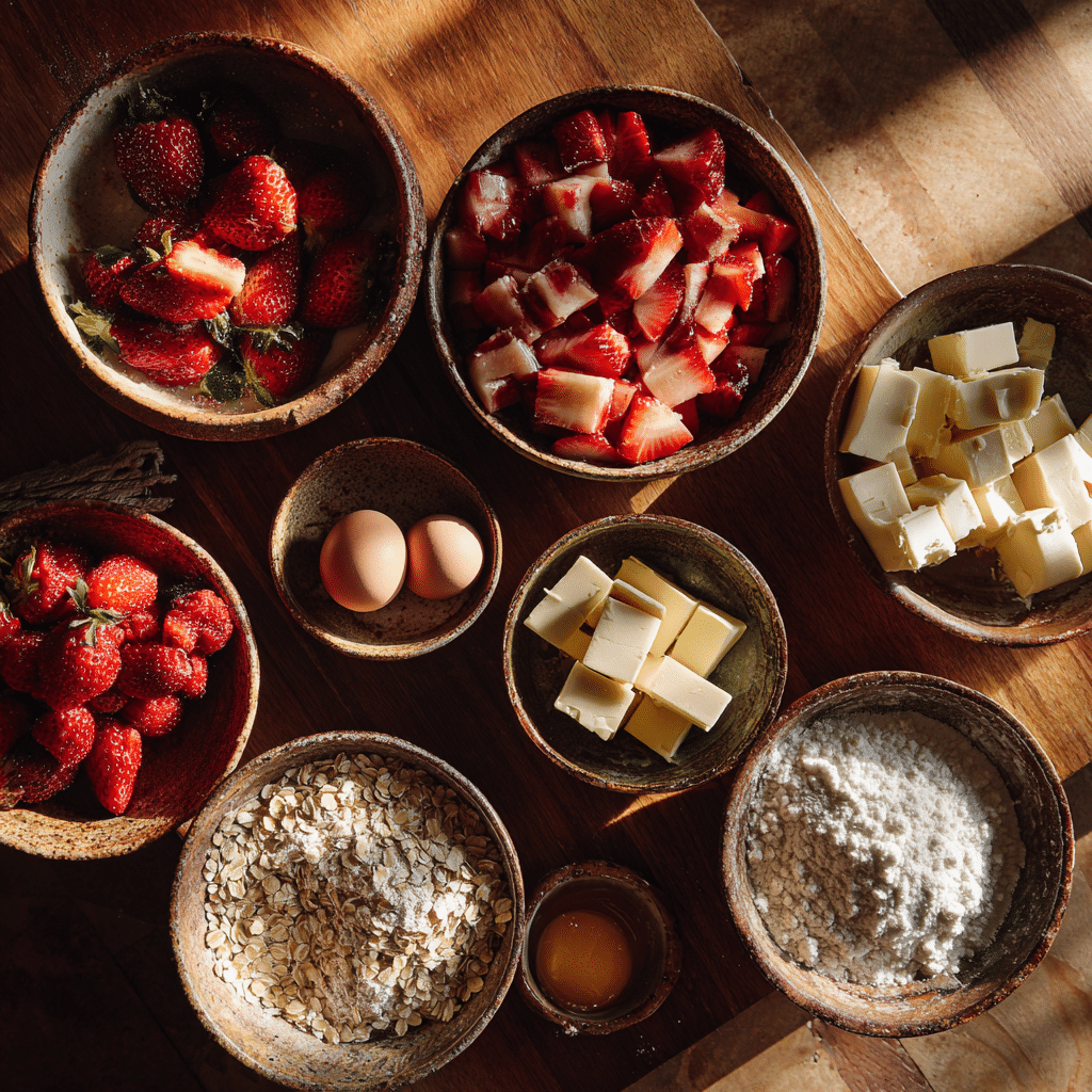 Strawberry Rhubarb Crumb Bars: 7 Irresistible Tips 6 Ingredients for Strawberry Rhubarb Crumb Bars including strawberries, rhubarb, butter, oats, and flour arranged for baking