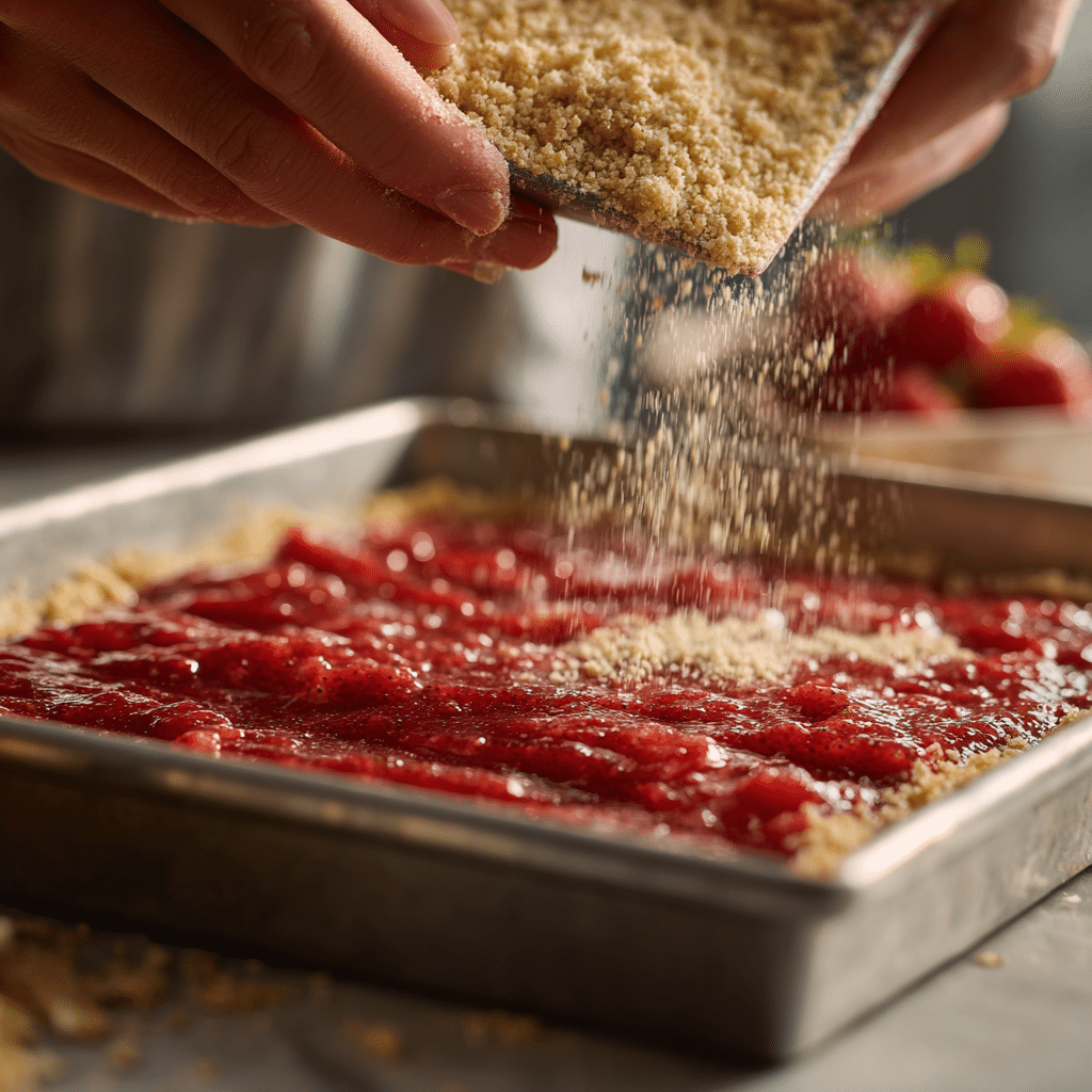 Strawberry Rhubarb Crumb Bars: 7 Irresistible Tips 7 Strawberry rhubarb crumb bars being assembled in a baking pan with fruit filling and crumb topping