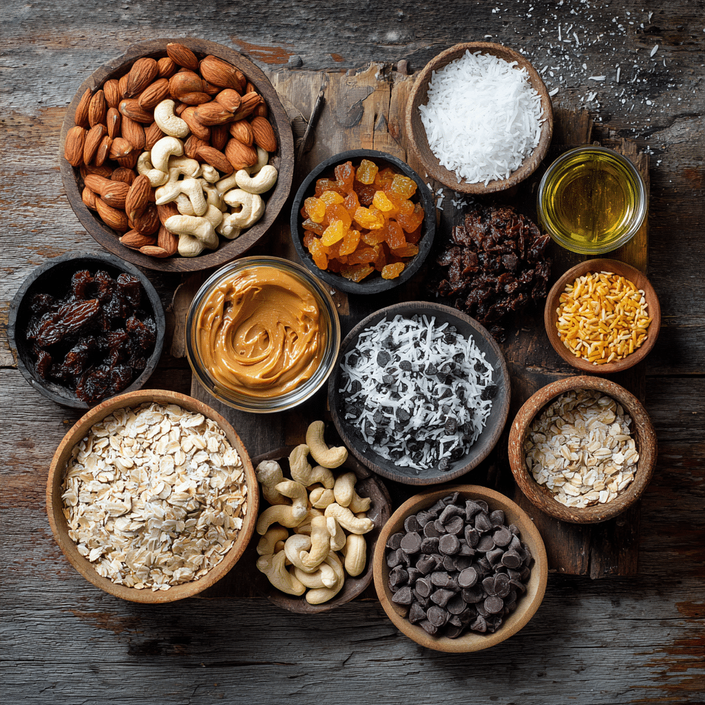 Peanut Butter Trail Mix Bars: 7 Reasons to Love This Snack 6 Ingredients for Peanut Butter Trail Mix Bars laid out on a wooden surface: nuts, oats, dried fruit, peanut butter, and mini chocolate chips.