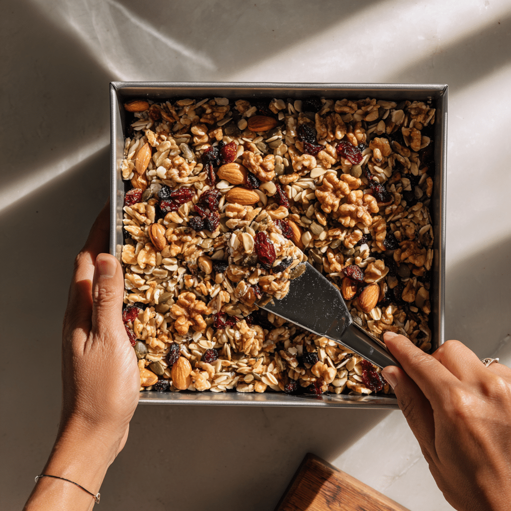 Peanut Butter Trail Mix Bars: 7 Reasons to Love This Snack 7 Hands pressing Peanut Butter Trail Mix Bars mixture into a parchment-lined pan using a spatula.