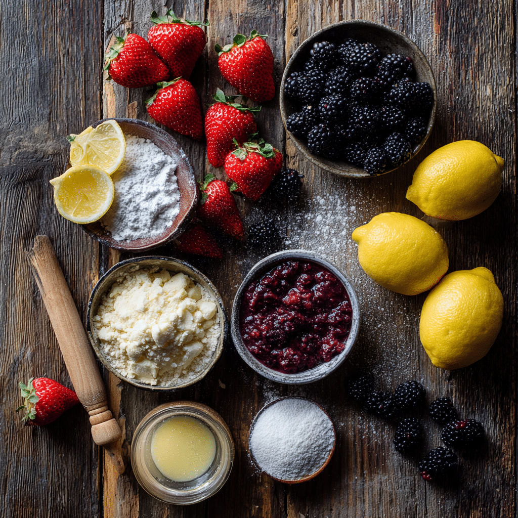 Mini Fruit Galettes: 5 Simple, Perfect Portions 6 Ingredients for Mini Fruit Galettes on rustic wood surface