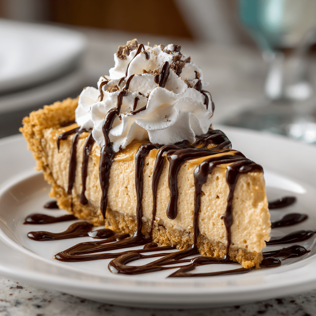 Unbelievable Peanut Butter Pie – 7 Secrets for Dessert Perfection 9 Slice of unbelievable peanut butter pie with chocolate drizzle and whipped cream