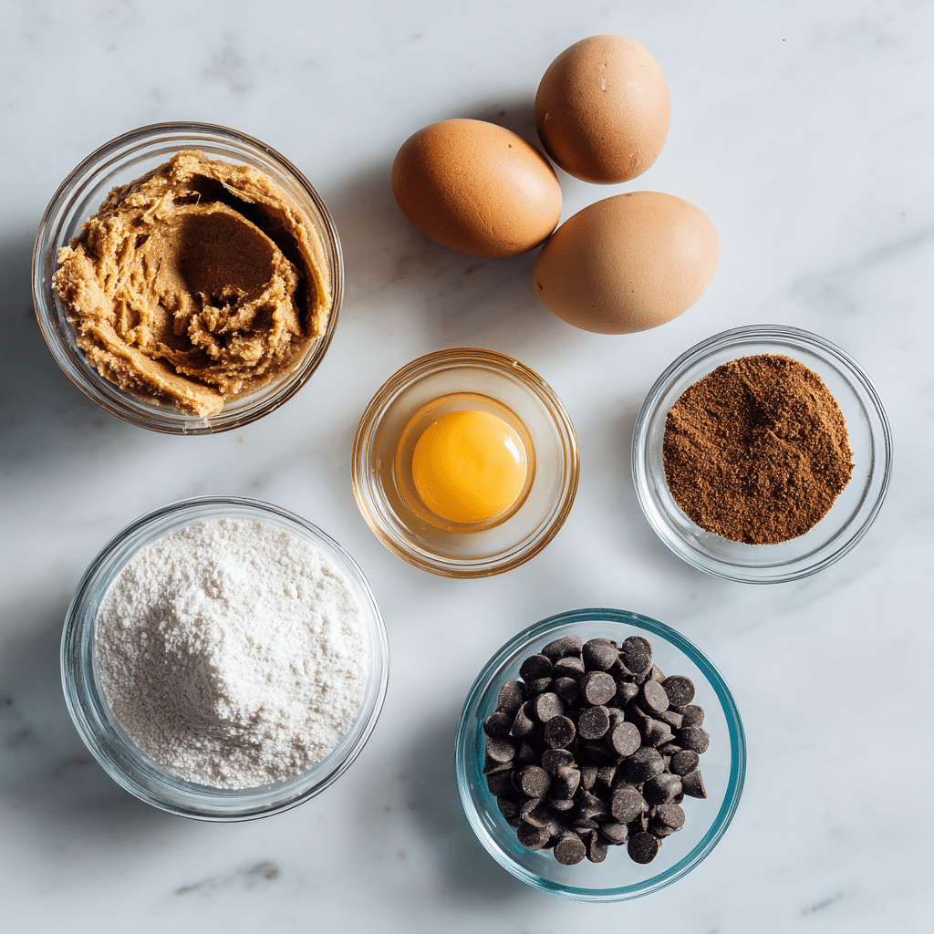 Almond Butter Chocolate Chip Cookies – 5-Ingredient Irresistible Delight 6 “Ingredients for almond butter chocolate chip cookies: almond butter, brown sugar, egg, chocolate chips, and baking soda in glass bowls on a marble counter”