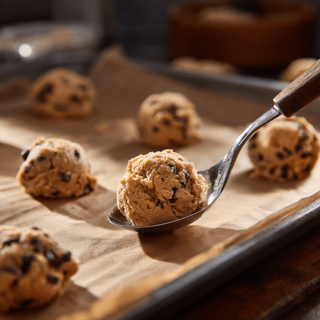 Almond Butter Chocolate Chip Cookies – 5-Ingredient Irresistible Delight 7 “Scooping almond butter chocolate chip cookie dough onto parchment-lined baking sheet in a home kitchen”