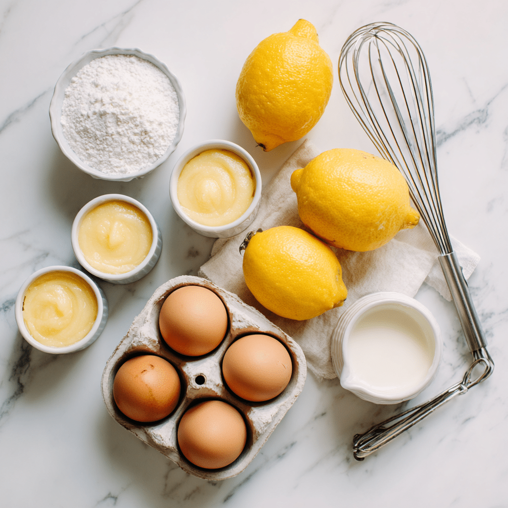 Lemon Pudding Cakes Recipe: 7 Steps to a Fluffy, Tangy Delight 6 Lemon pudding cake ingredients including eggs, lemons, and sugar on a marble countertop”