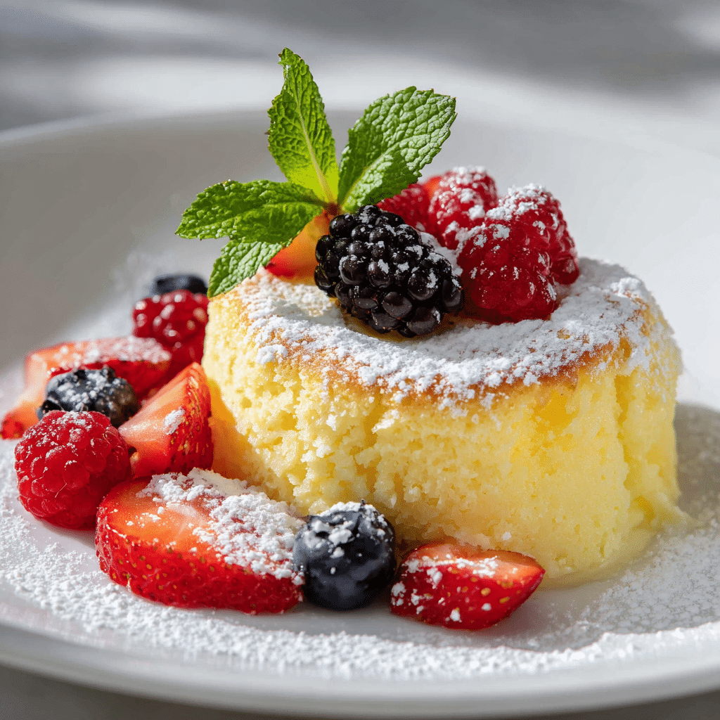 Lemon Pudding Cakes Recipe: 7 Steps to a Fluffy, Tangy Delight 8 “Individual lemon pudding cake served on a white plate, showcasing golden sponge top and creamy lemon pudding layer beneath, garnished with powdered sugar and fresh raspberries”