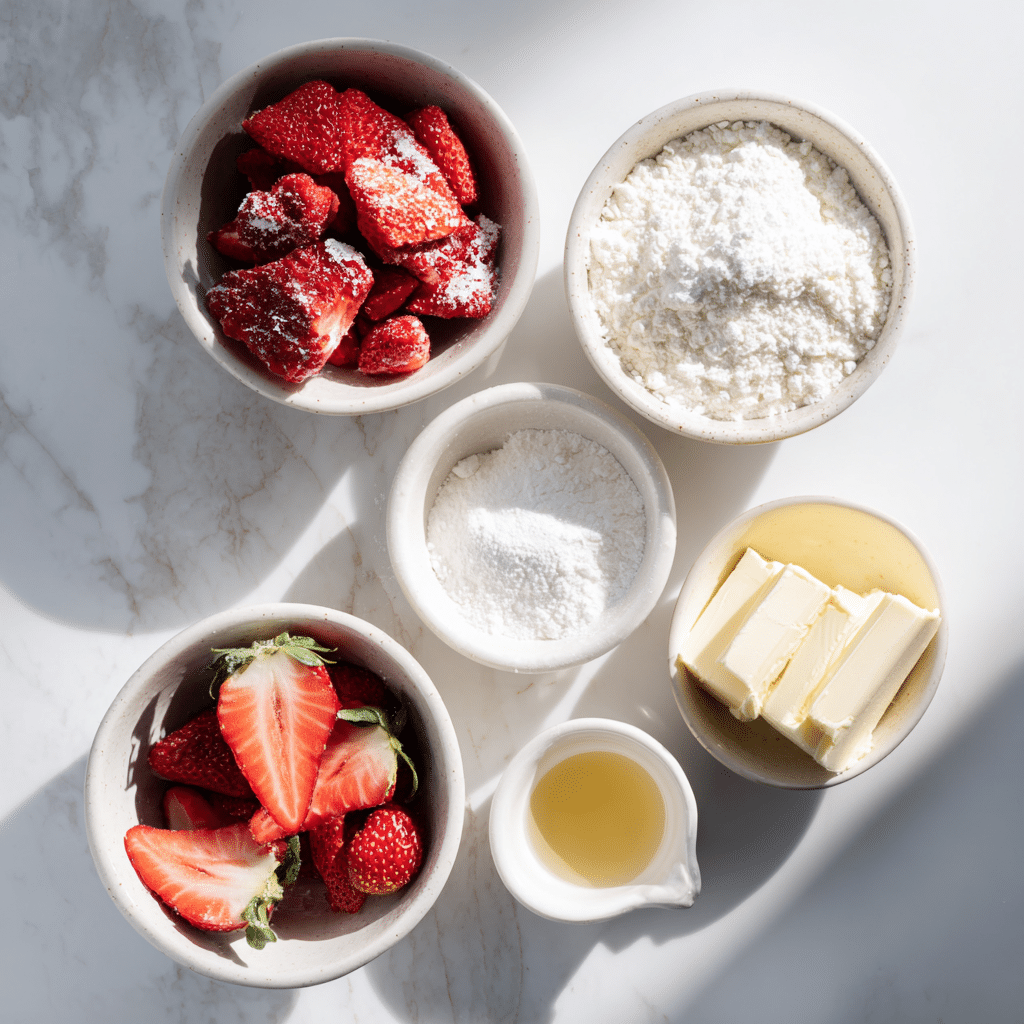 Strawberry Frosting Recipe: 7 Sweet Secrets for the Creamiest Results 7 Measured ingredients for strawberry buttercream frosting arranged on a marble surface
