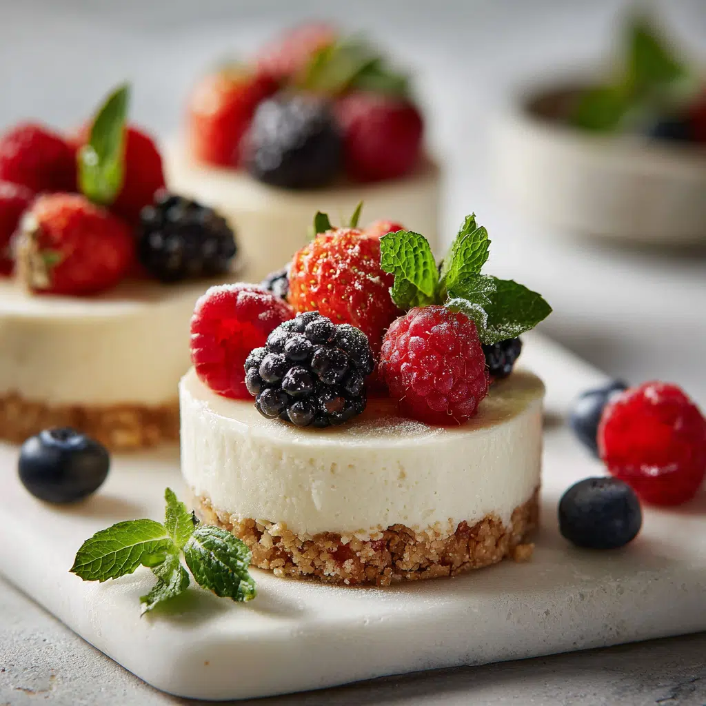 "Mini no-bake cheesecakes topped with berries and mint on white plate"